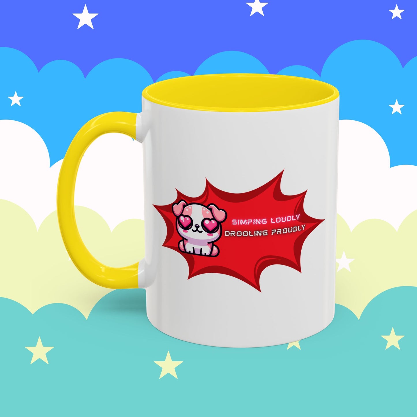 Cute Pink Bulldog Coffee Mug — “Simping Loudly, Drooling Proudly” Kawaii Heart-Eyed
