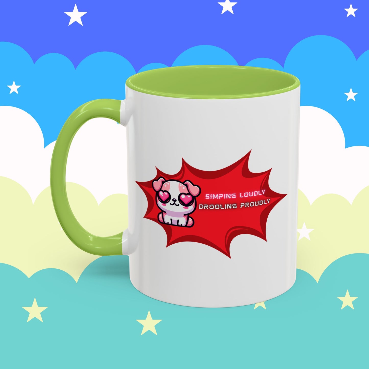 Cute Pink Bulldog Coffee Mug — “Simping Loudly, Drooling Proudly” Kawaii Heart-Eyed