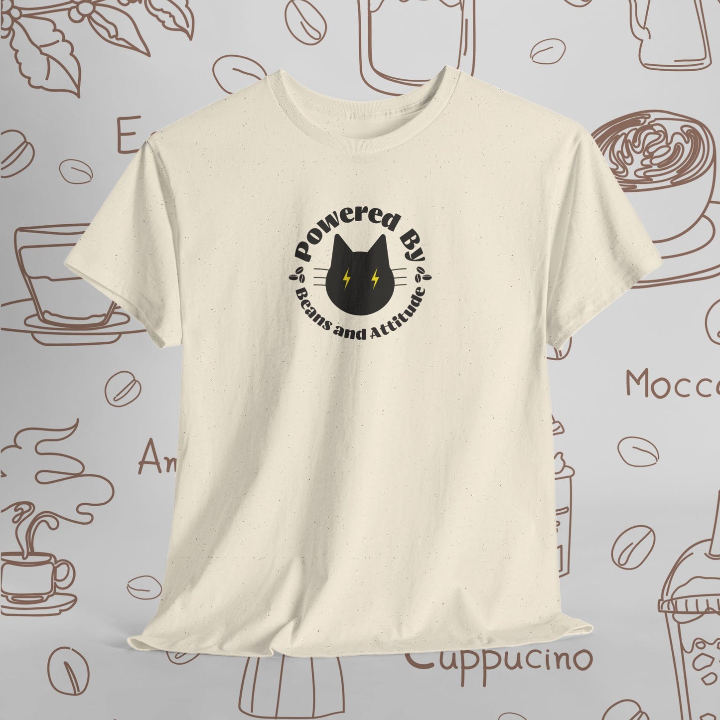 Powered By Beans & Attitude - Coffee Cat graphic tee | minimalist coffee cat illustration, pet lover shirt