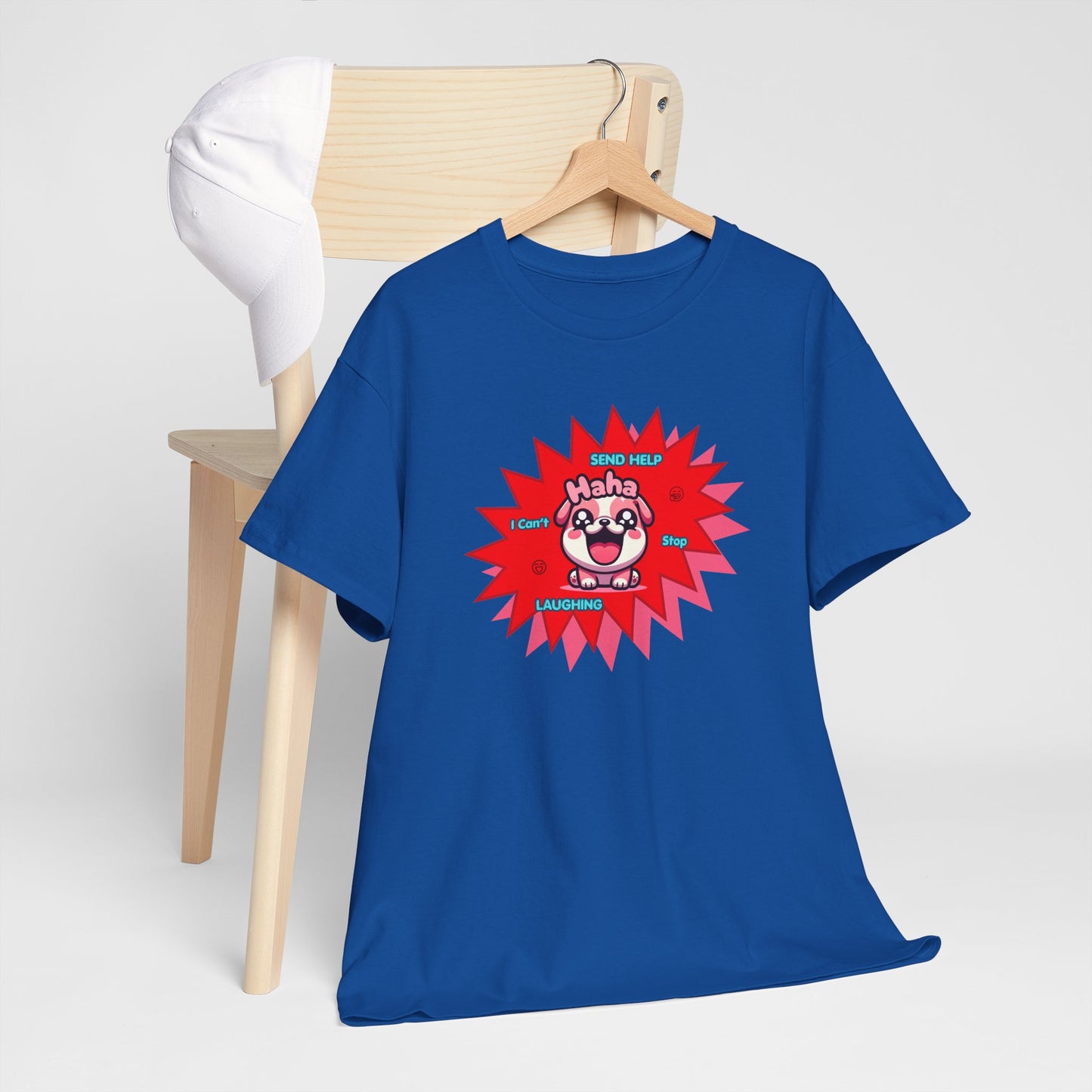 Laughing Pink Bulldog T-Shirt — "Help, I Can't Stop Laughing" Funny Emote Tee