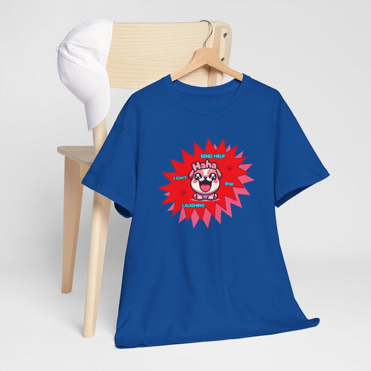 Laughing Pink Bulldog T-Shirt — "Help, I Can't Stop Laughing" Funny Emote Tee