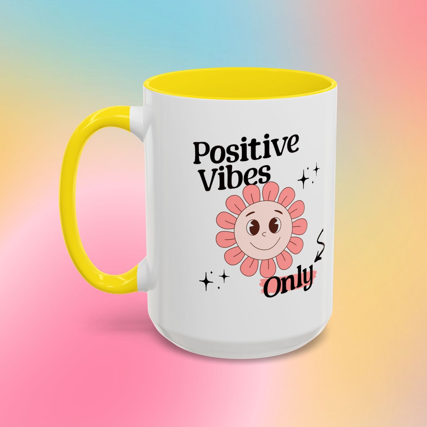Retro Smiling Pink Flower Accent Coffee Mug — "Positive Vibes Only"