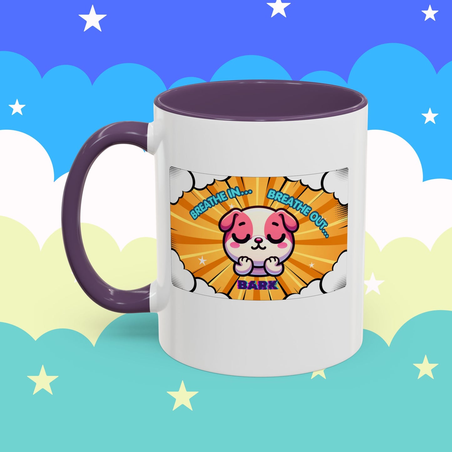 Stay Calm Pink Bulldog Kawaii Emote Coffee Mug — "Breathe In... Breathe Out... Bark"