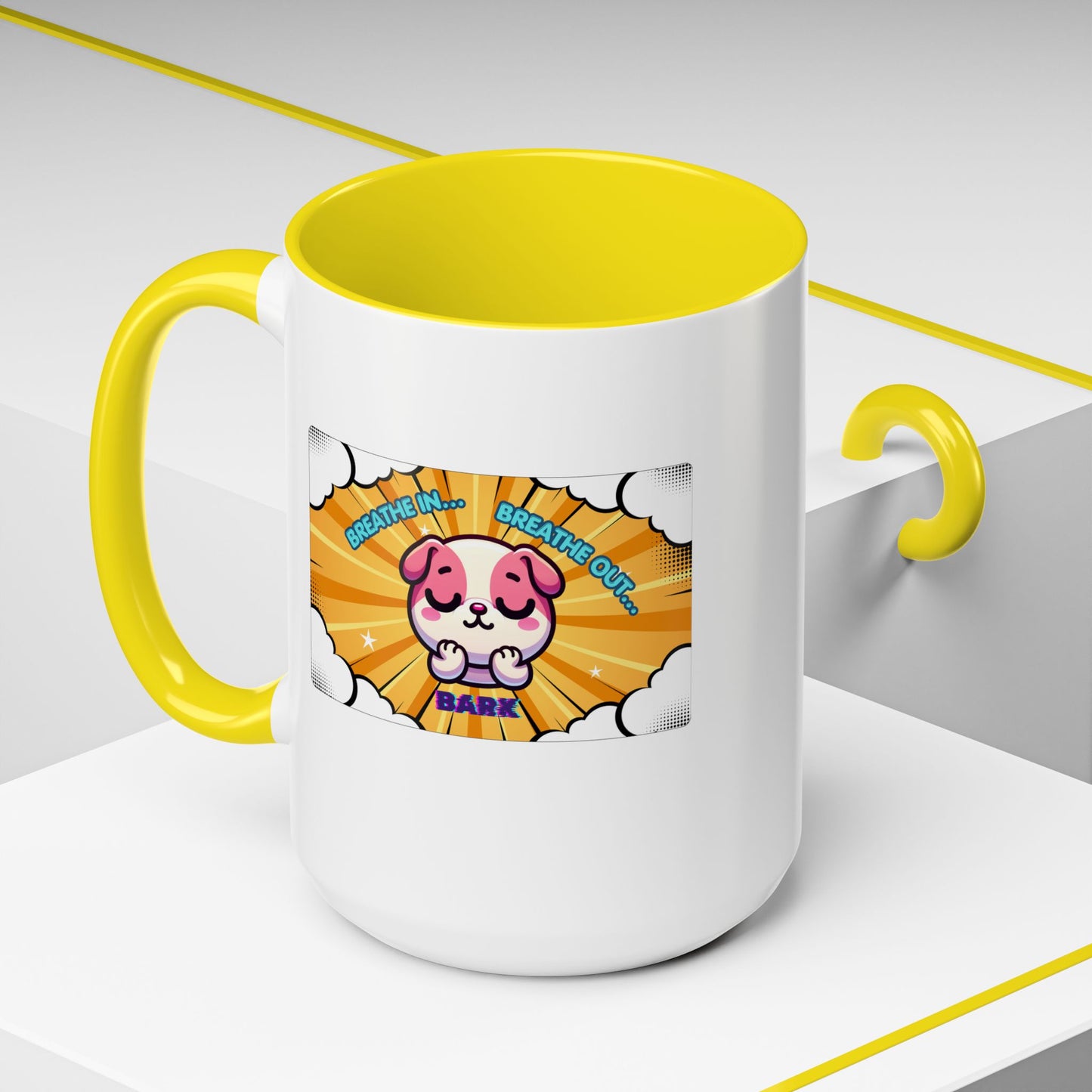 Stay Calm Pink Bulldog Kawaii Emote Coffee Mug — "Breathe In... Breathe Out... Bark"