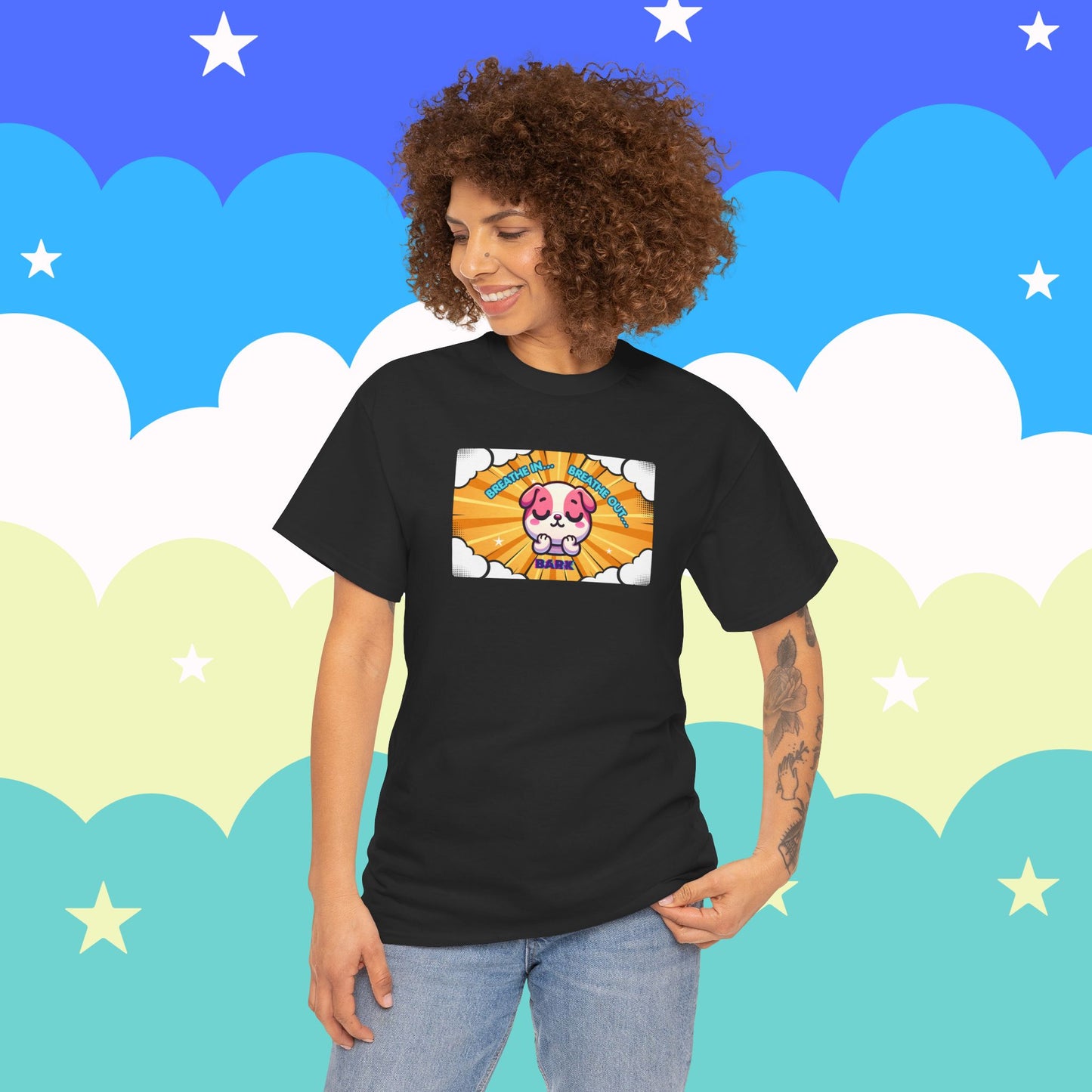 Stay Calm Pink Bulldog T-Shirt — "Breath in, Breath out, Bark" Funny Tee