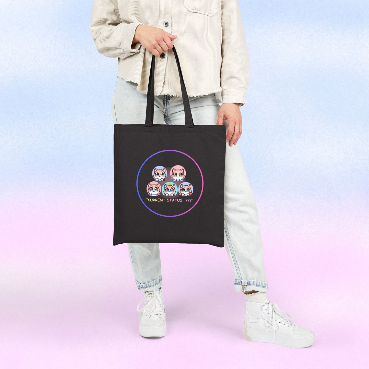 Cat Mood Tote Bag — Cute Kawaii Cat Faces "Current Status: ???" Canvas Tote