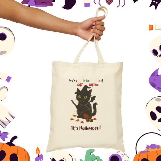 You've Cat to be Kitten me! Halloween Cat Tote Bag, Cute Trick or Treat Bag, Eco-Friendly Canvas Carrier, Fall Season Shopping Bag, Gift for Cat Lovers