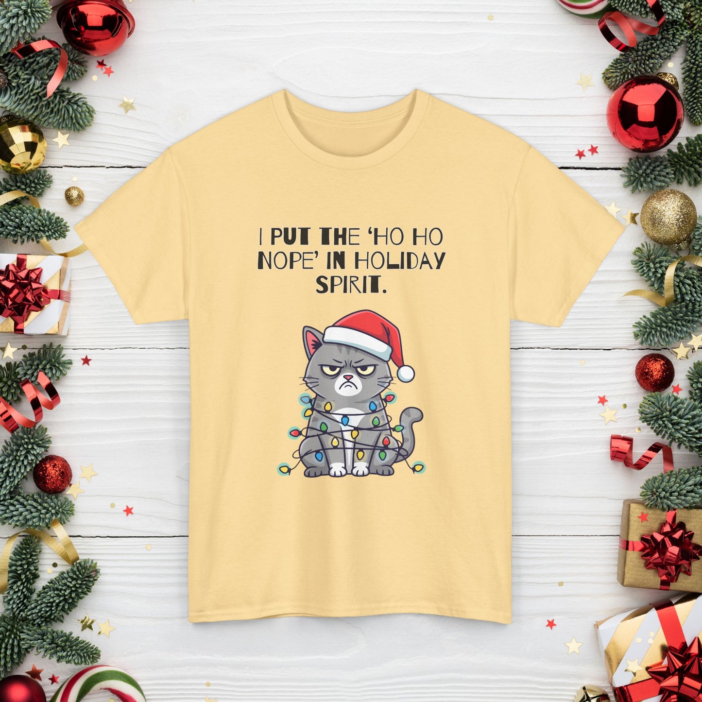 Grumpy Cat Christmas T-Shirt – "I Put the 'Ho Ho Nope' in Holiday Spirit"
