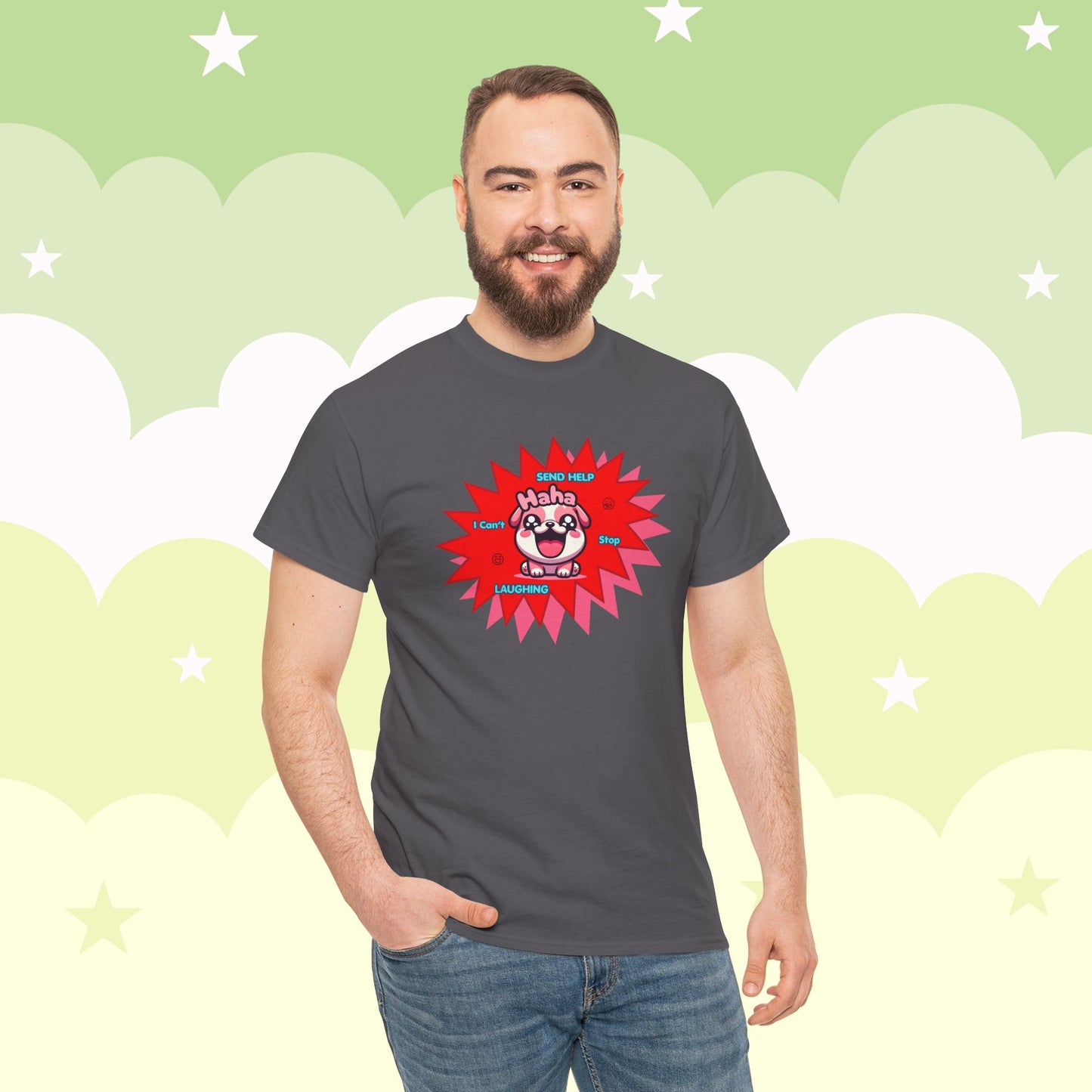 Laughing Pink Bulldog T-Shirt — "Help, I Can't Stop Laughing" Funny Emote Tee