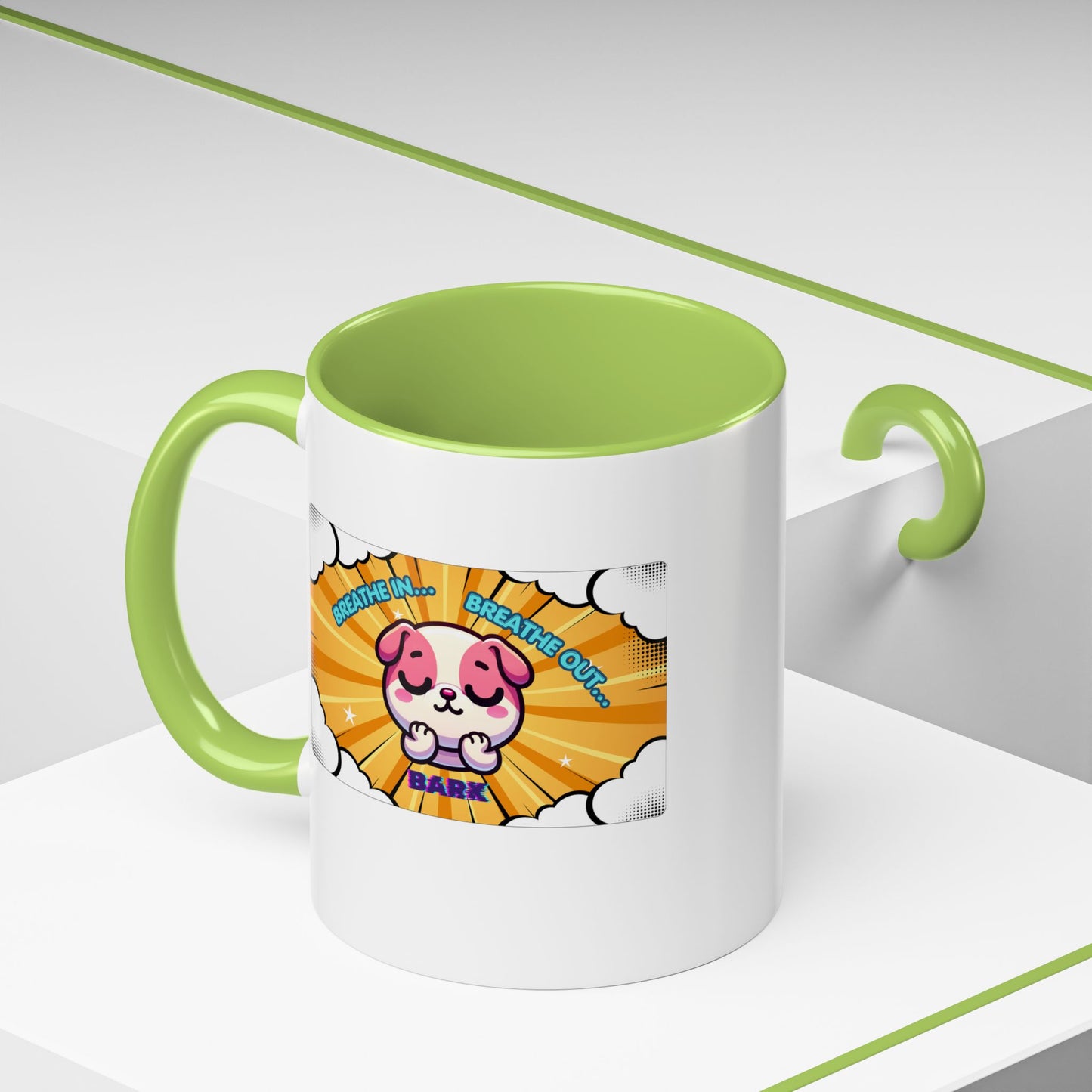 Stay Calm Pink Bulldog Kawaii Emote Coffee Mug — "Breathe In... Breathe Out... Bark"