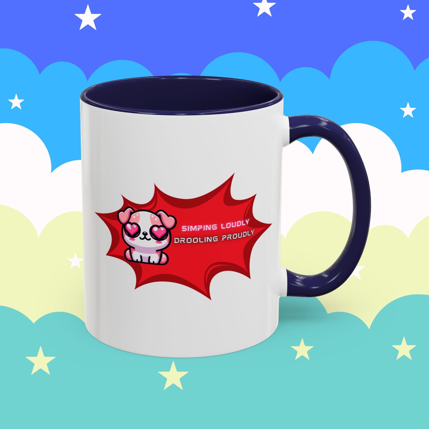 Cute Pink Bulldog Coffee Mug — “Simping Loudly, Drooling Proudly” Kawaii Heart-Eyed
