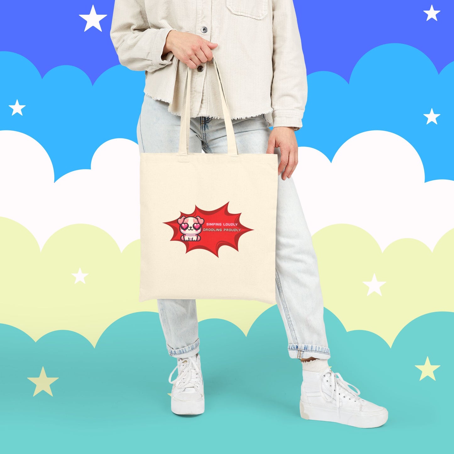 Kawaii Heart-Eyed Bulldog Tote — “Simping Loudly, Drooling Proudly” Cotton Canvas Bag
