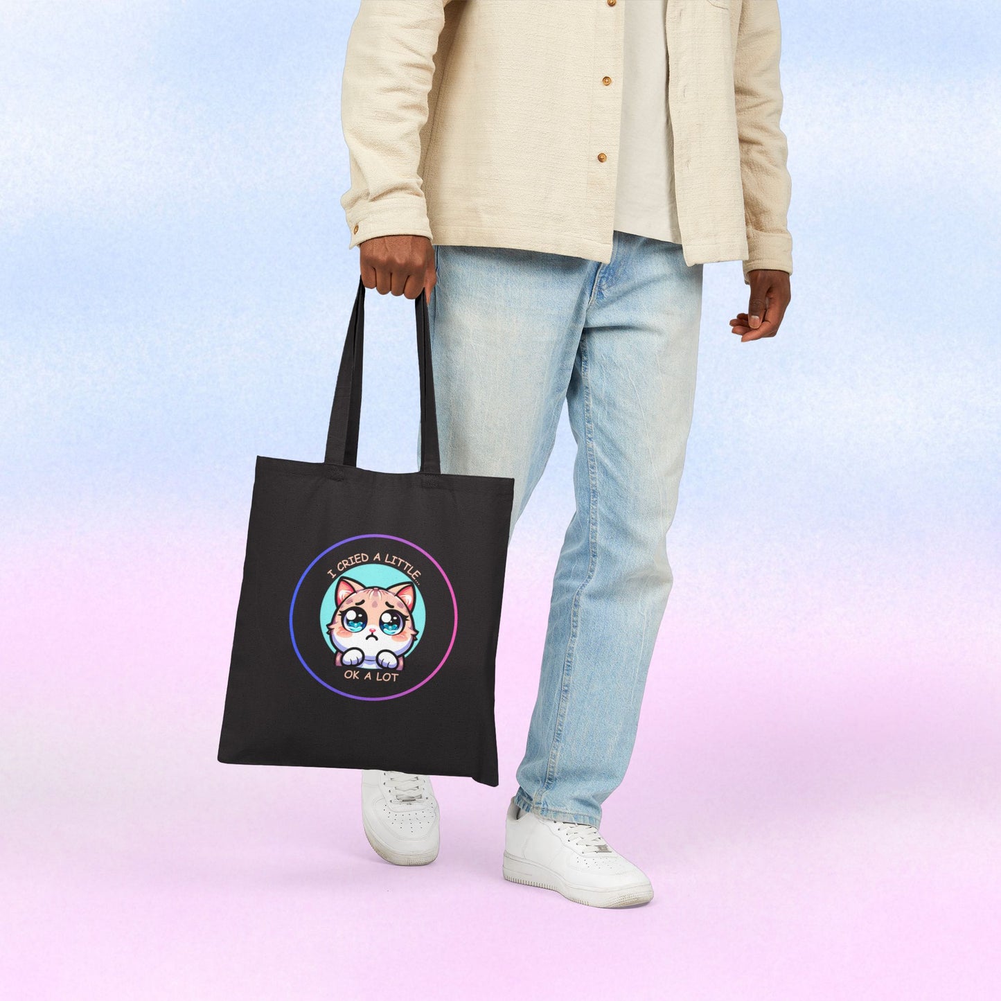 Cute Wide-Eyed Cat Illustration Tote Bag | "I Cried a Little... Ok a Lot"