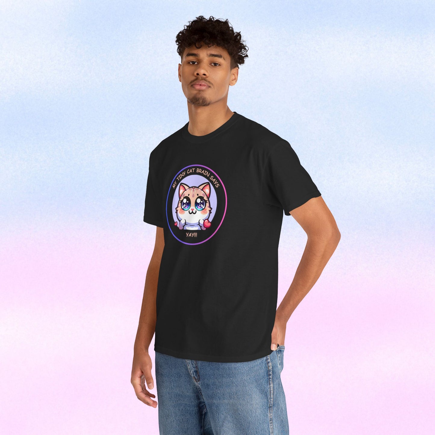 Kawaii Cat Mood Emote Tee — "My Tiny Cat Brain Says, Yay!"