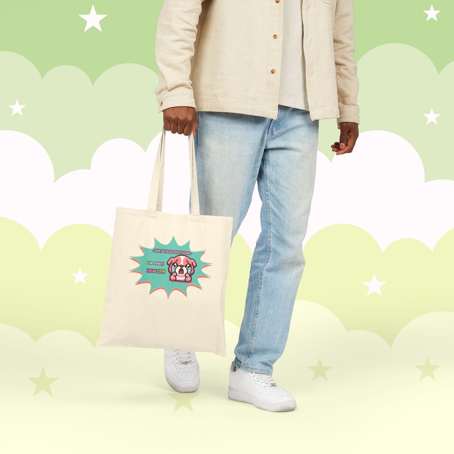 Cute Crying Pink Bulldog Tote Bag — "Wet Face Edition: I'm Fine! REALLY!!!"