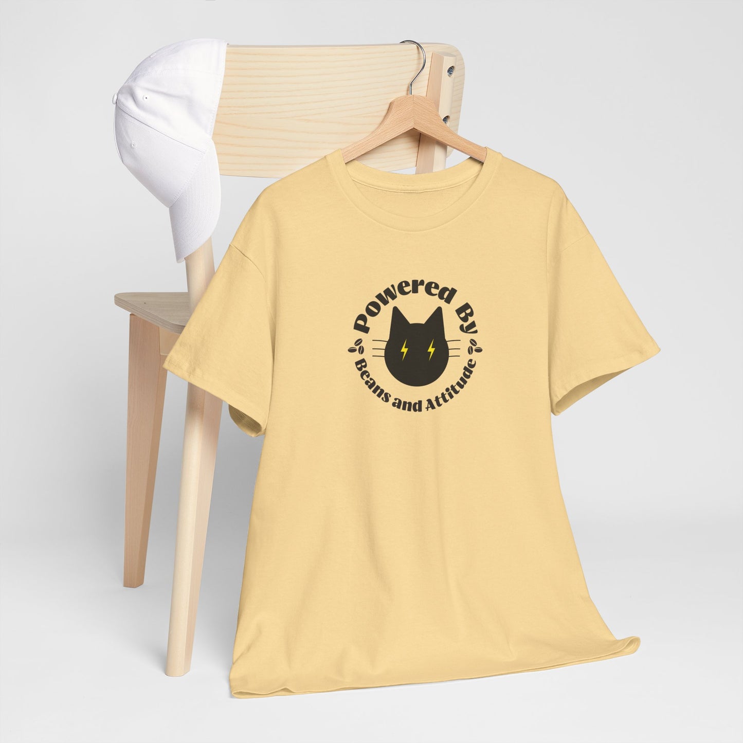 Powered By Beans & Attitude - Coffee Cat graphic tee | minimalist coffee cat illustration, pet lover shirt