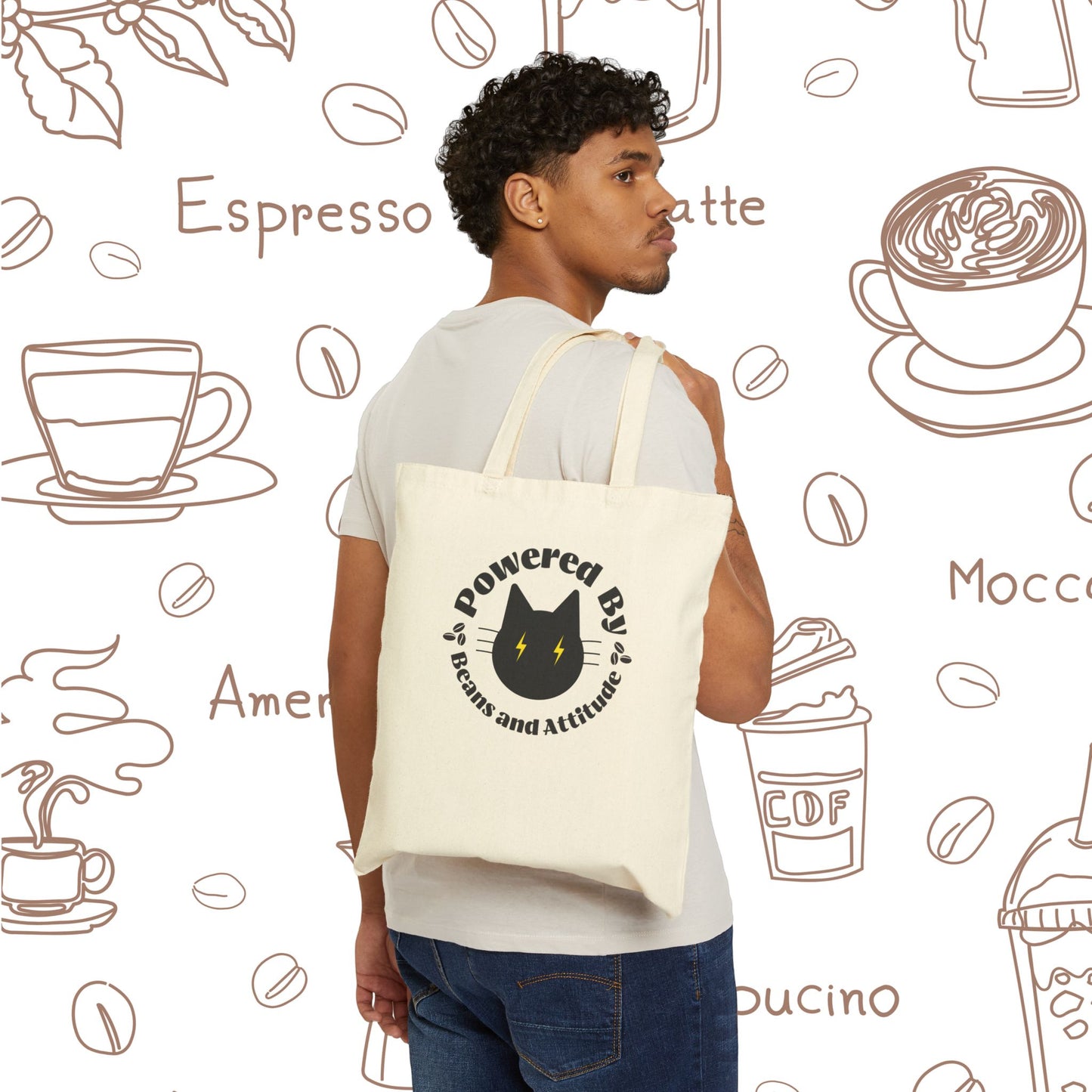 Powered By Beans and Attitude Tote Bag | Coffee Cat Illustration