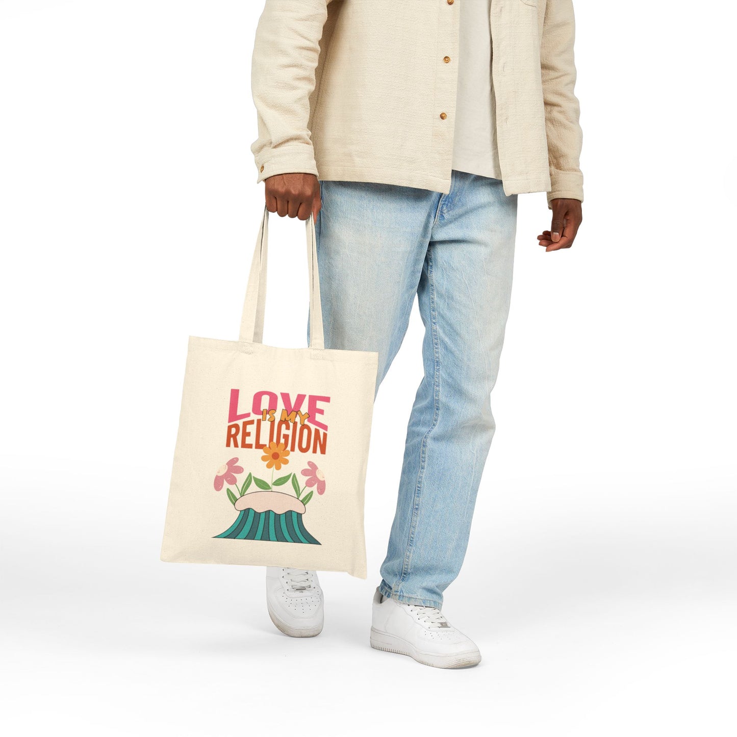 Love Is My Religion Cotton Tote — Floral Retro Canvas Bag
