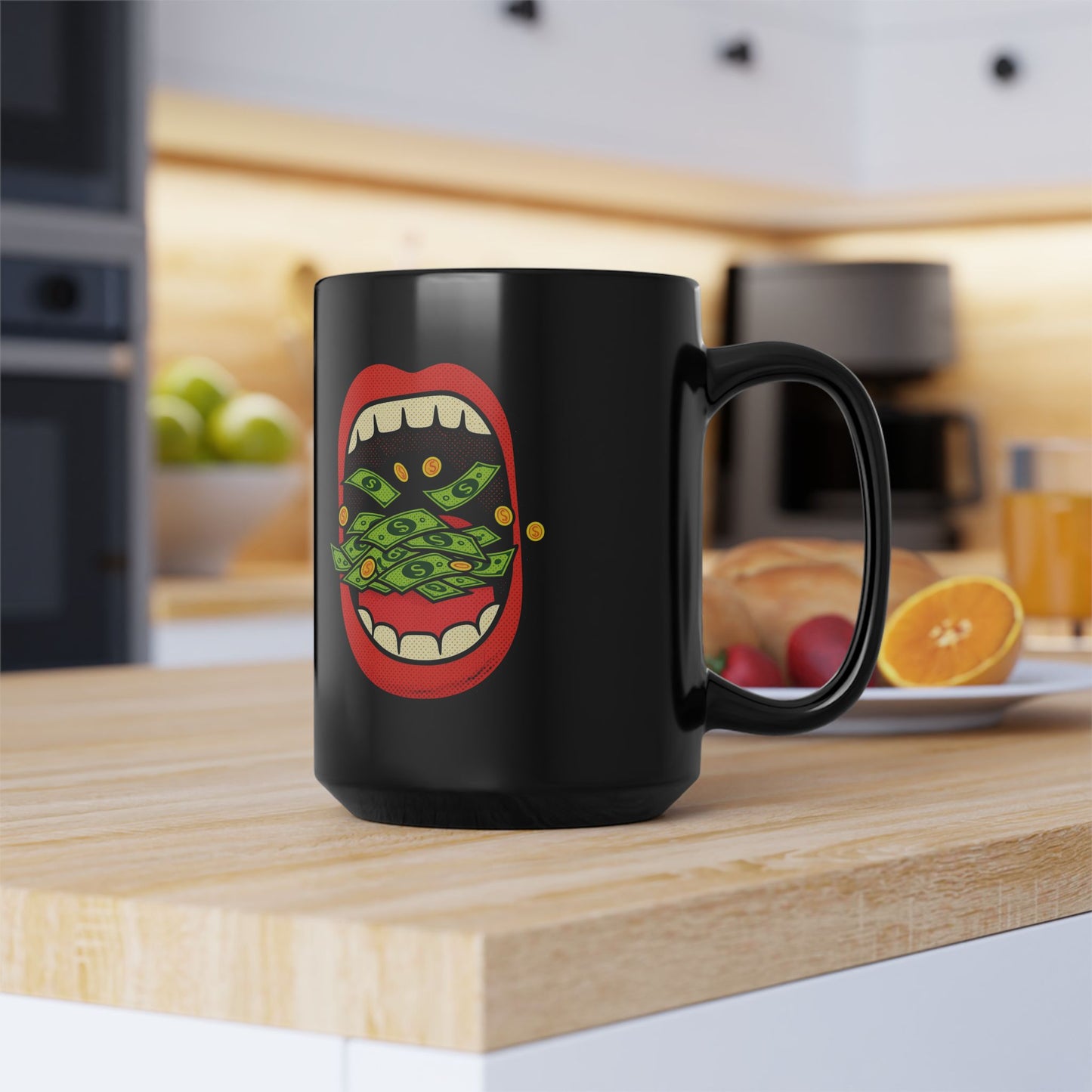 Money Mouth Mug — "Eating Prosperity" Black Coffee Cup with Cash-Throwing Lips (11oz, 15oz)