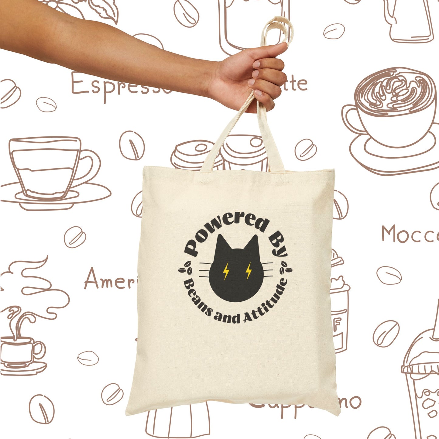 Powered By Beans and Attitude Tote Bag | Coffee Cat Illustration