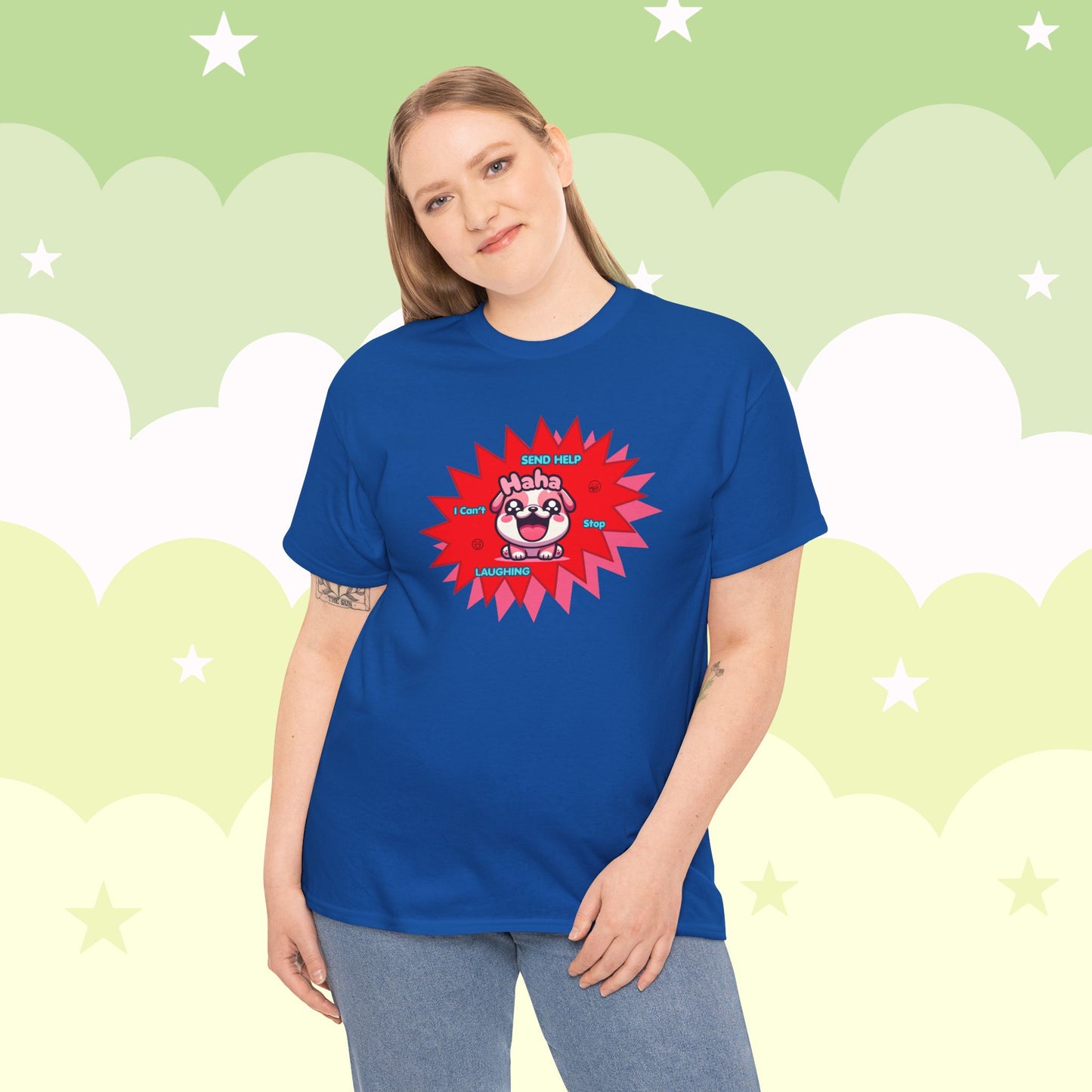 Laughing Pink Bulldog T-Shirt — "Help, I Can't Stop Laughing" Funny Emote Tee
