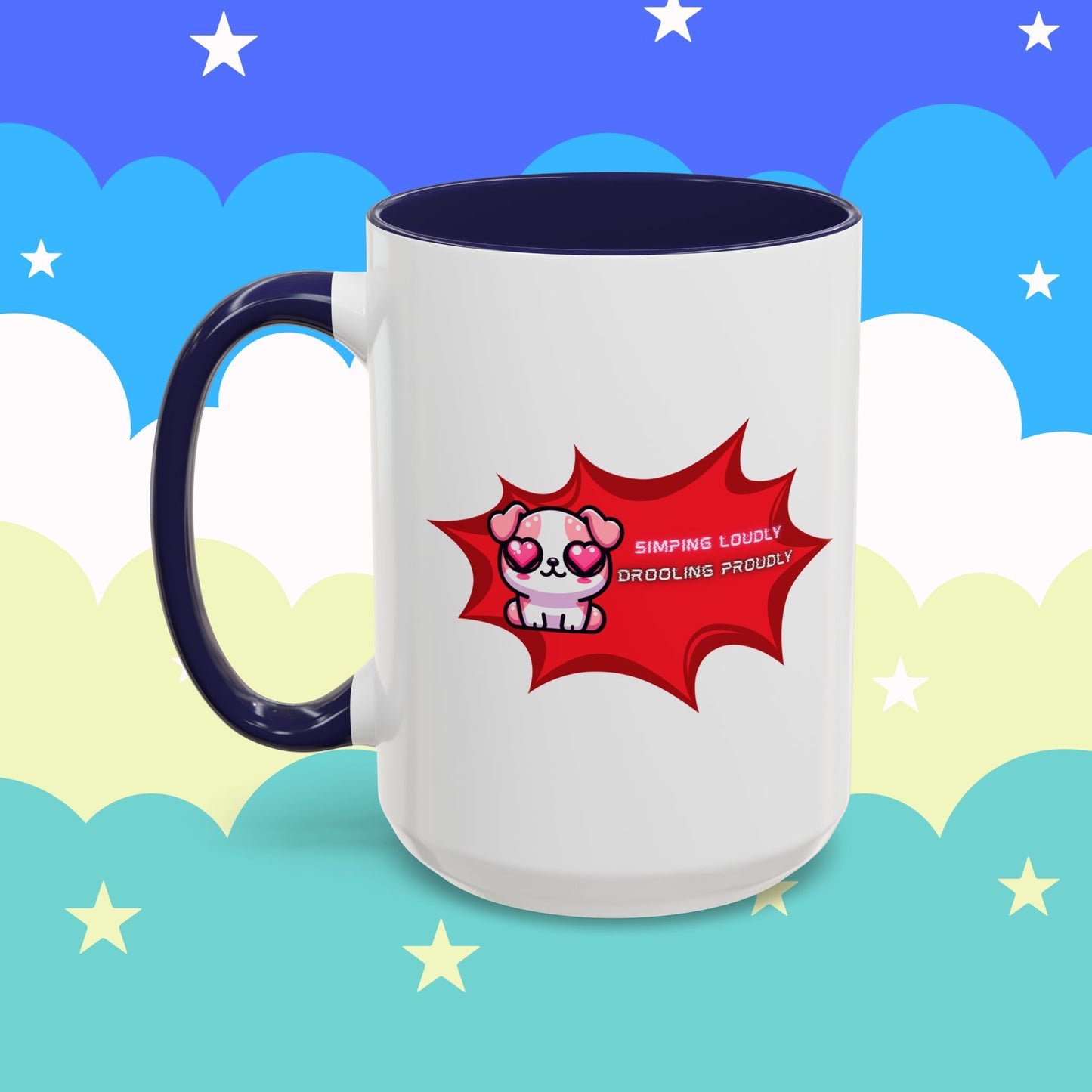 Cute Pink Bulldog Coffee Mug — “Simping Loudly, Drooling Proudly” Kawaii Heart-Eyed
