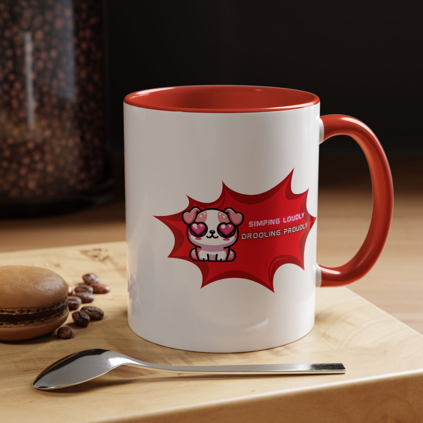 Cute Pink Bulldog Coffee Mug — “Simping Loudly, Drooling Proudly” Kawaii Heart-Eyed