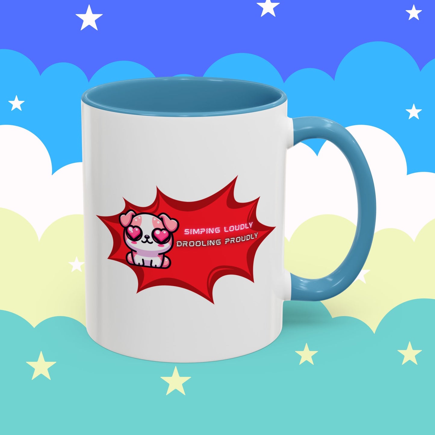 Cute Pink Bulldog Coffee Mug — “Simping Loudly, Drooling Proudly” Kawaii Heart-Eyed