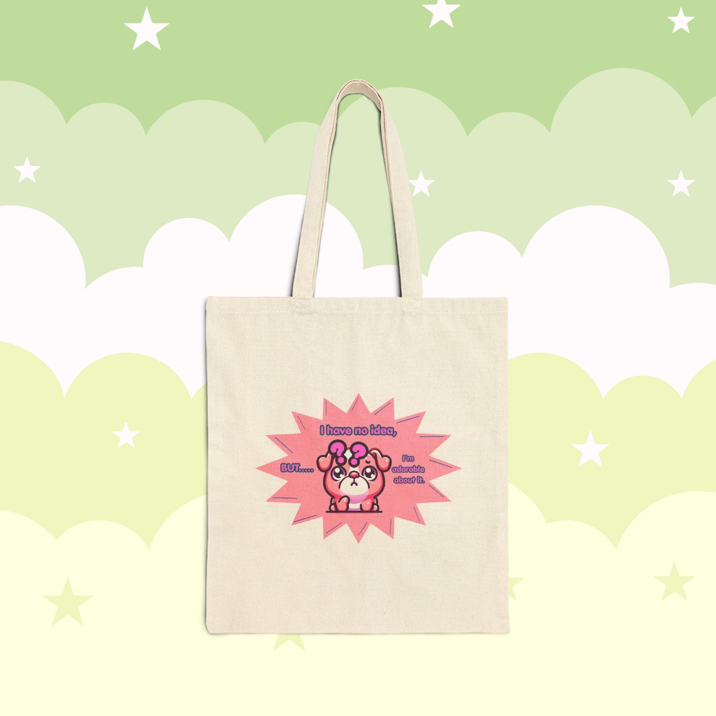 Confused Pink Bulldog Tote Bag — "I have no idea, but... I'm adorable about it."