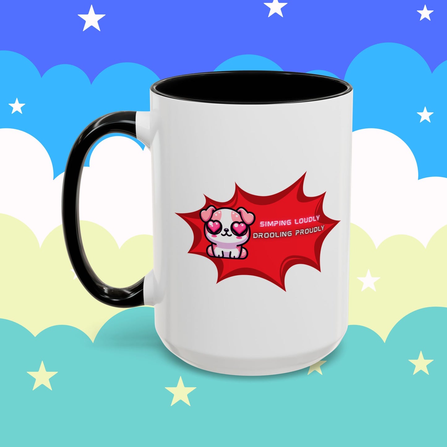 Cute Pink Bulldog Coffee Mug — “Simping Loudly, Drooling Proudly” Kawaii Heart-Eyed