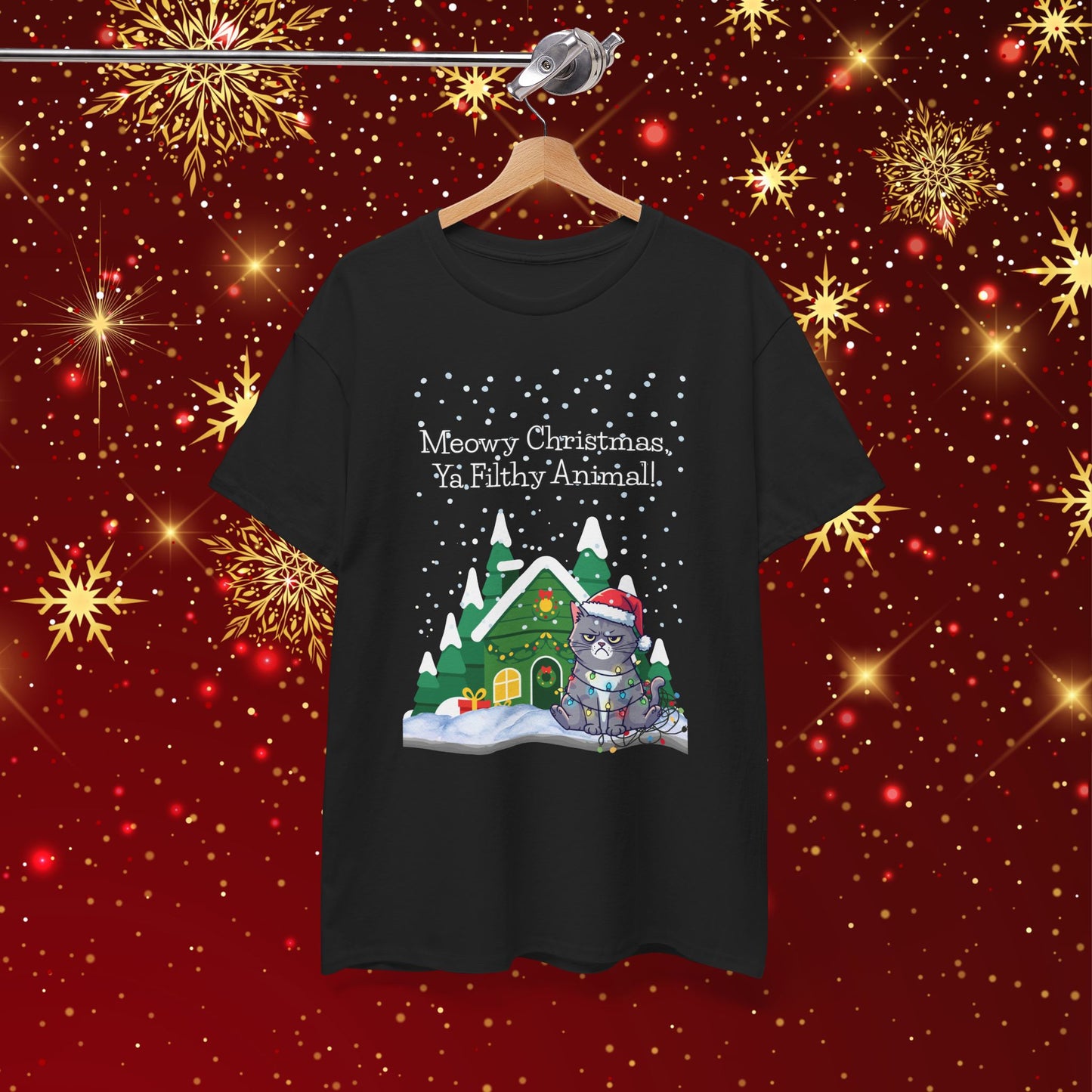 Christmas Cat T-Shirt — “Meowy Christmas Ya Filthy Animal” Holiday Tee