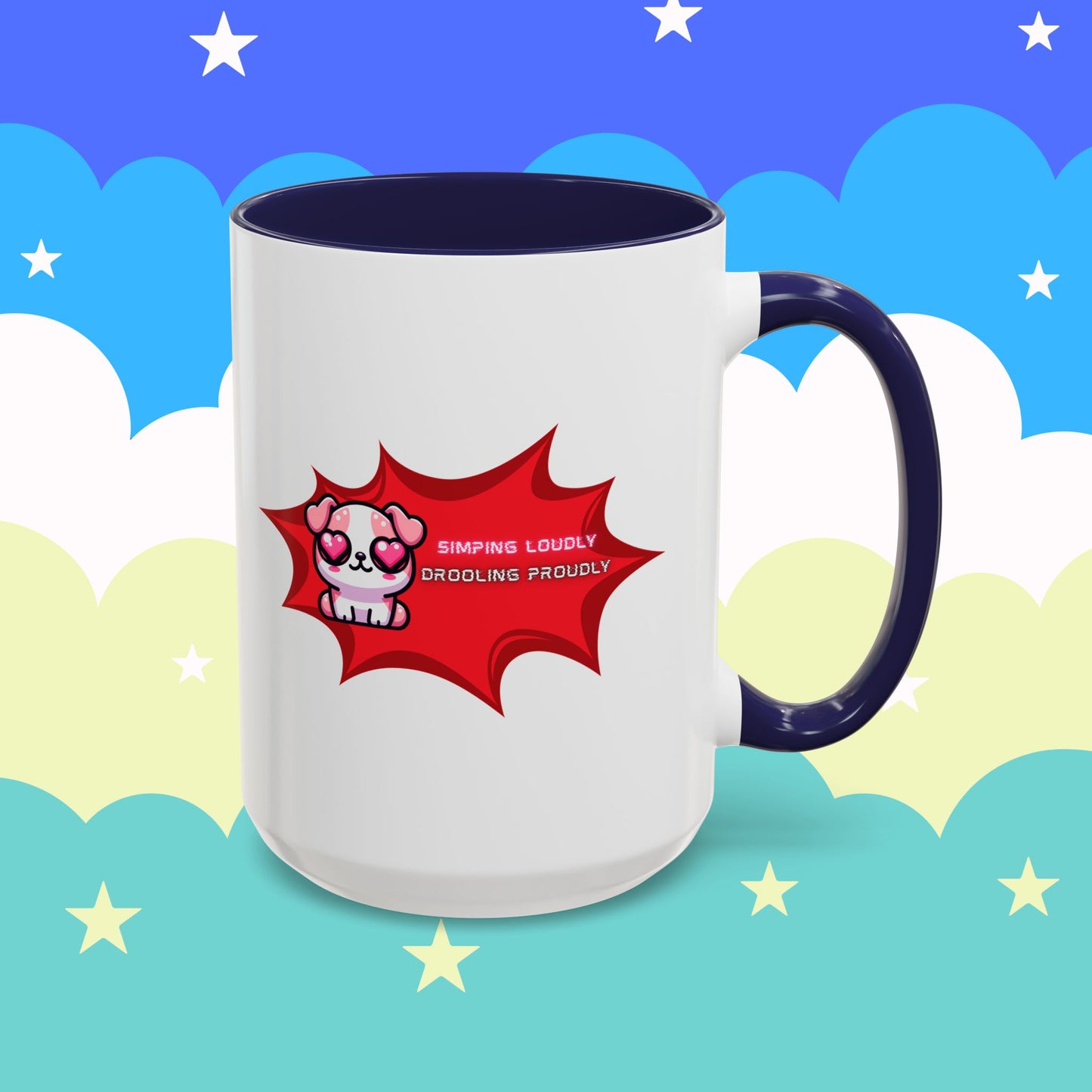 Cute Pink Bulldog Coffee Mug — “Simping Loudly, Drooling Proudly” Kawaii Heart-Eyed
