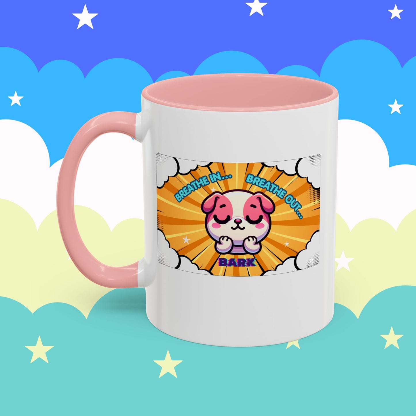 Stay Calm Pink Bulldog Kawaii Emote Coffee Mug — "Breathe In... Breathe Out... Bark"