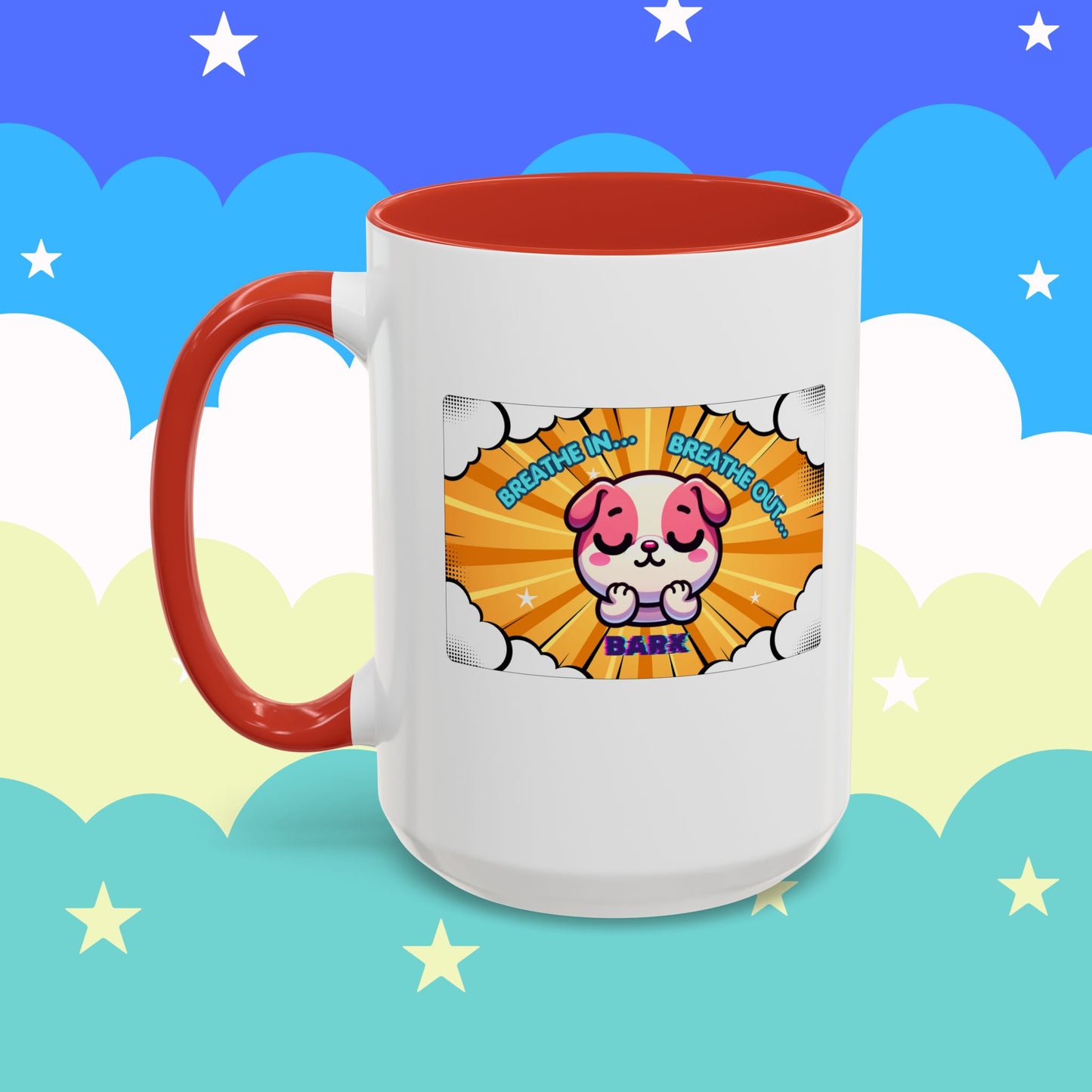 Stay Calm Pink Bulldog Kawaii Emote Coffee Mug — "Breathe In... Breathe Out... Bark"