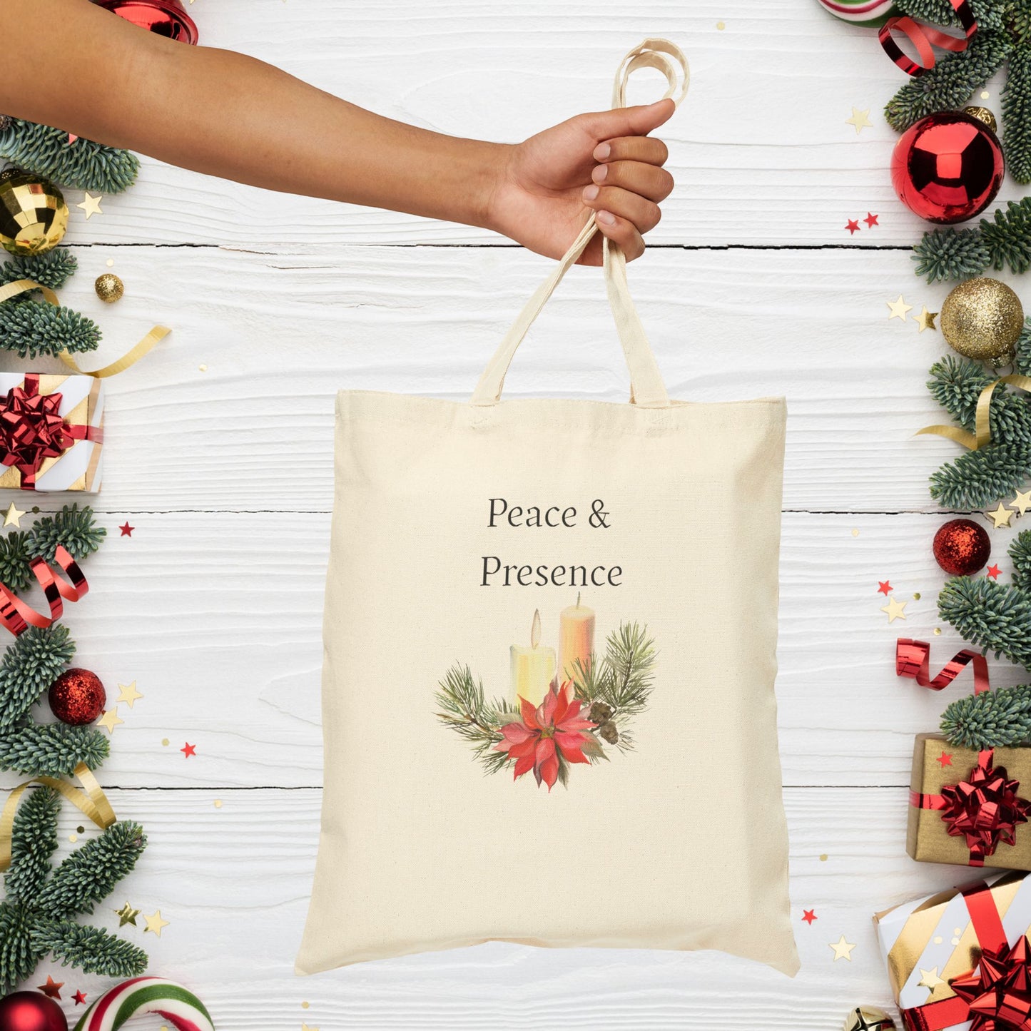 Tote Bag — "Peace & Presence" Holiday Candle Poinsettia Canvas Tote, Cozy Christmas Aesthetic