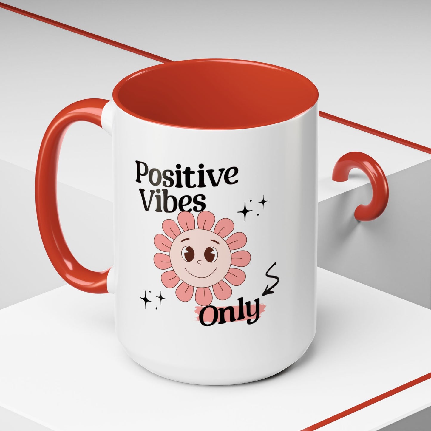 Retro Smiling Pink Flower Accent Coffee Mug — "Positive Vibes Only"