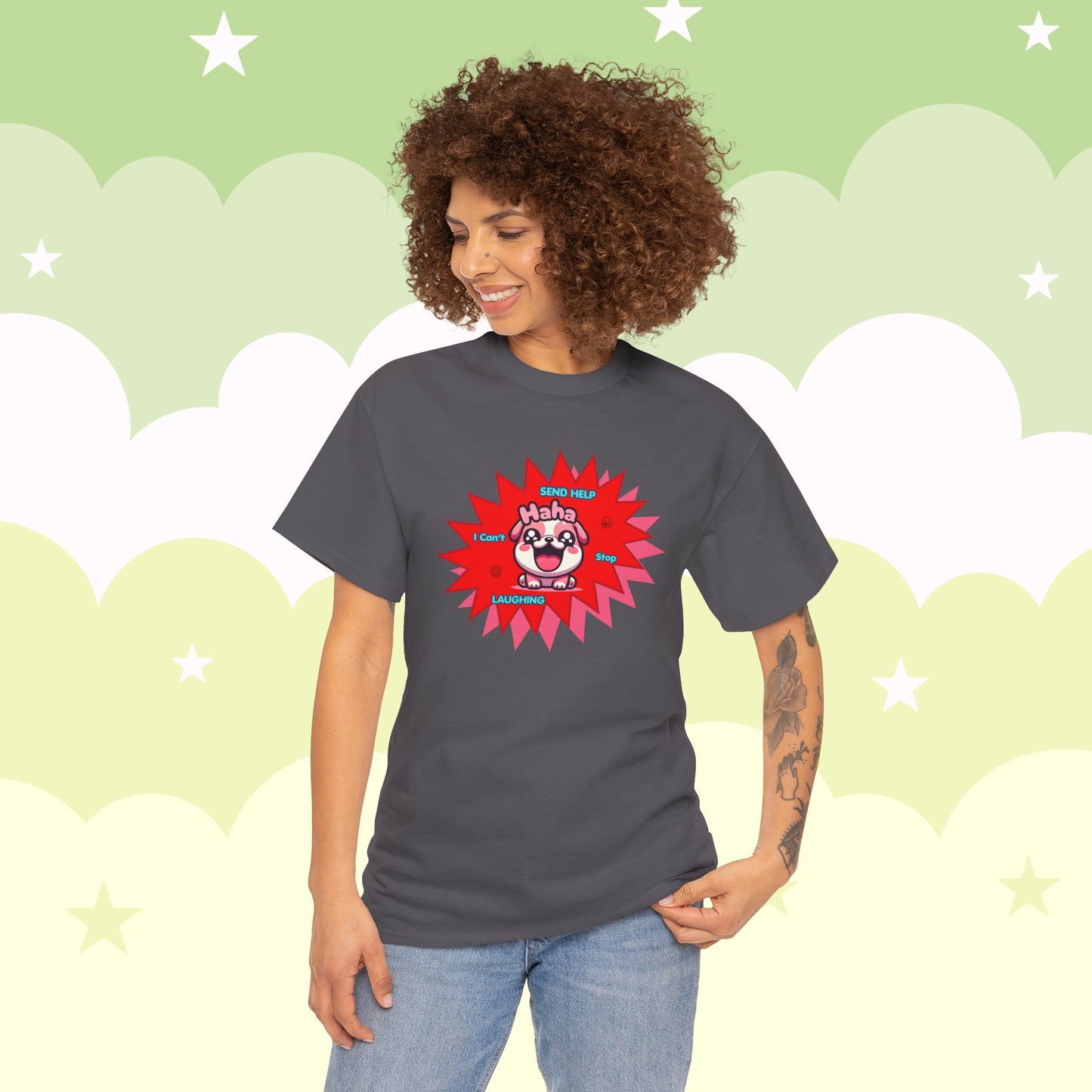 Laughing Pink Bulldog T-Shirt — "Help, I Can't Stop Laughing" Funny Emote Tee