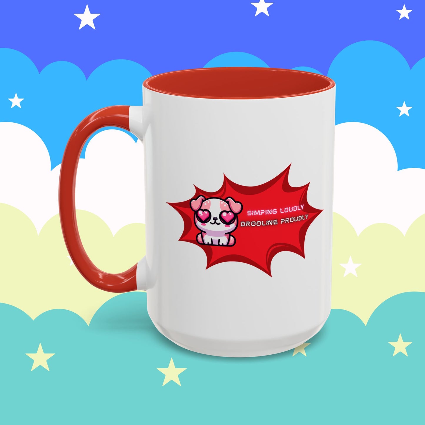 Cute Pink Bulldog Coffee Mug — “Simping Loudly, Drooling Proudly” Kawaii Heart-Eyed