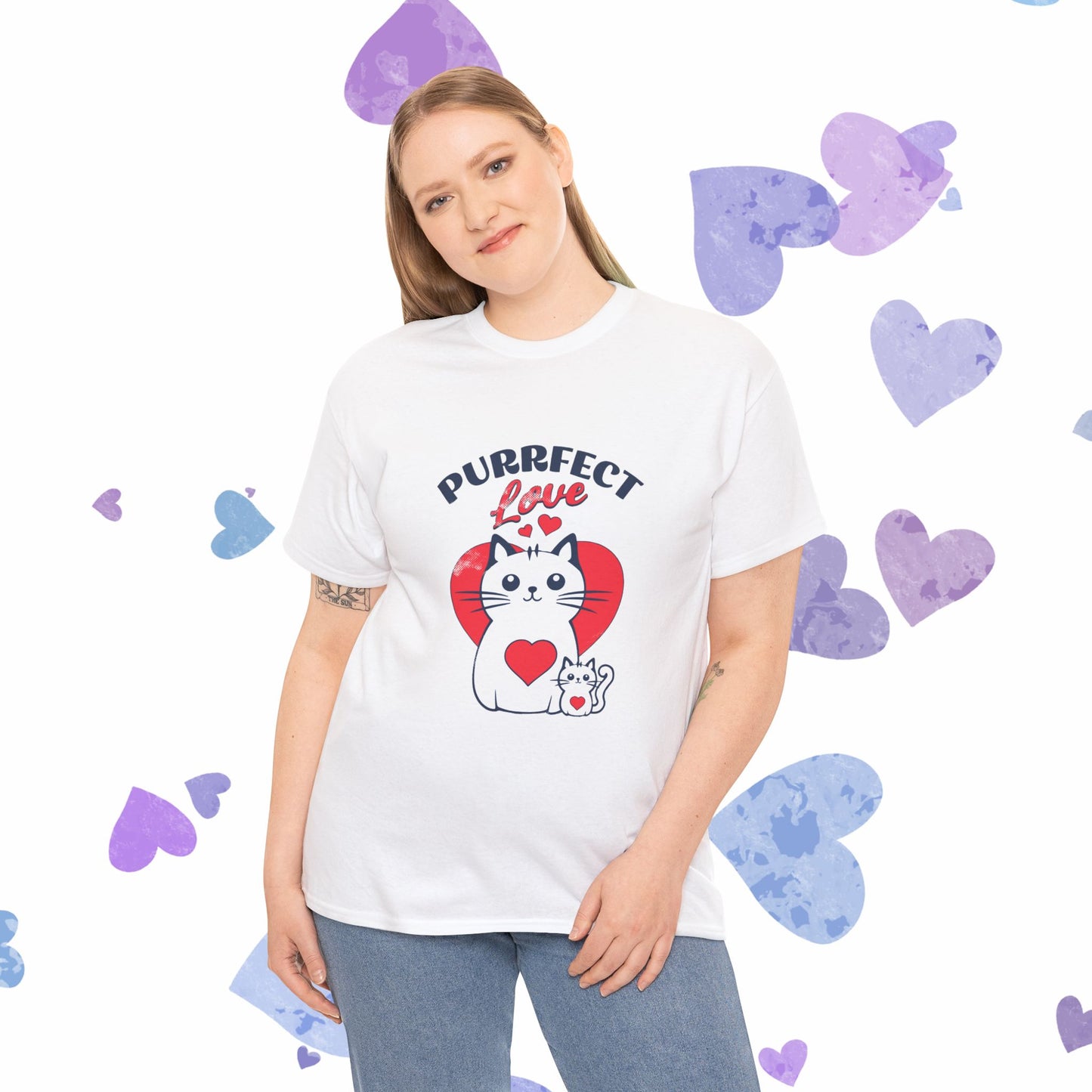 Purrfect Love Cat T-Shirt — Cute Heart Cat Graphic Tee for Cat Lovers, Valentine's Day Gift