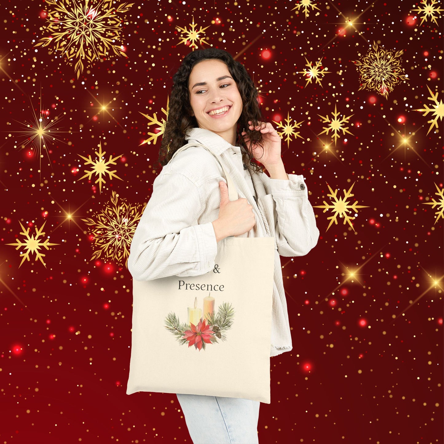 Tote Bag — "Peace & Presence" Holiday Candle Poinsettia Canvas Tote, Cozy Christmas Aesthetic
