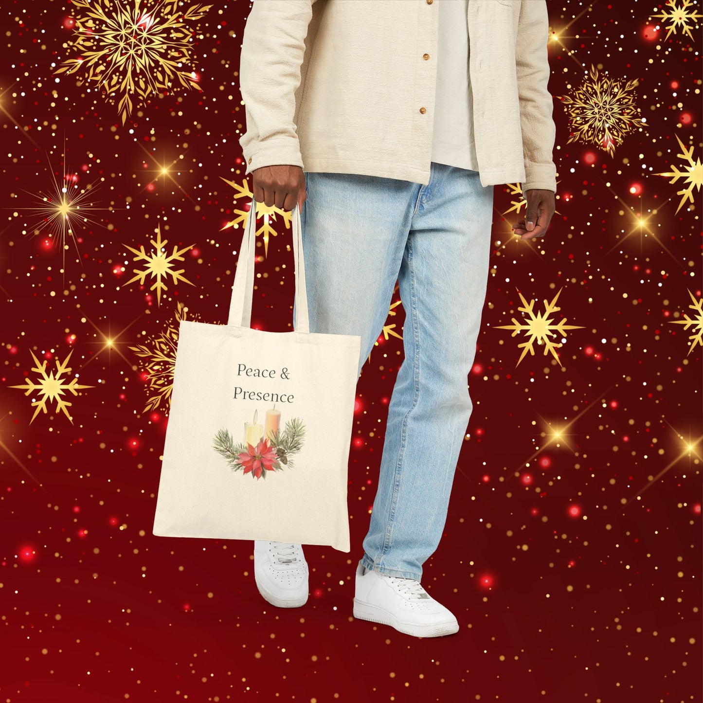 Tote Bag — "Peace & Presence" Holiday Candle Poinsettia Canvas Tote, Cozy Christmas Aesthetic