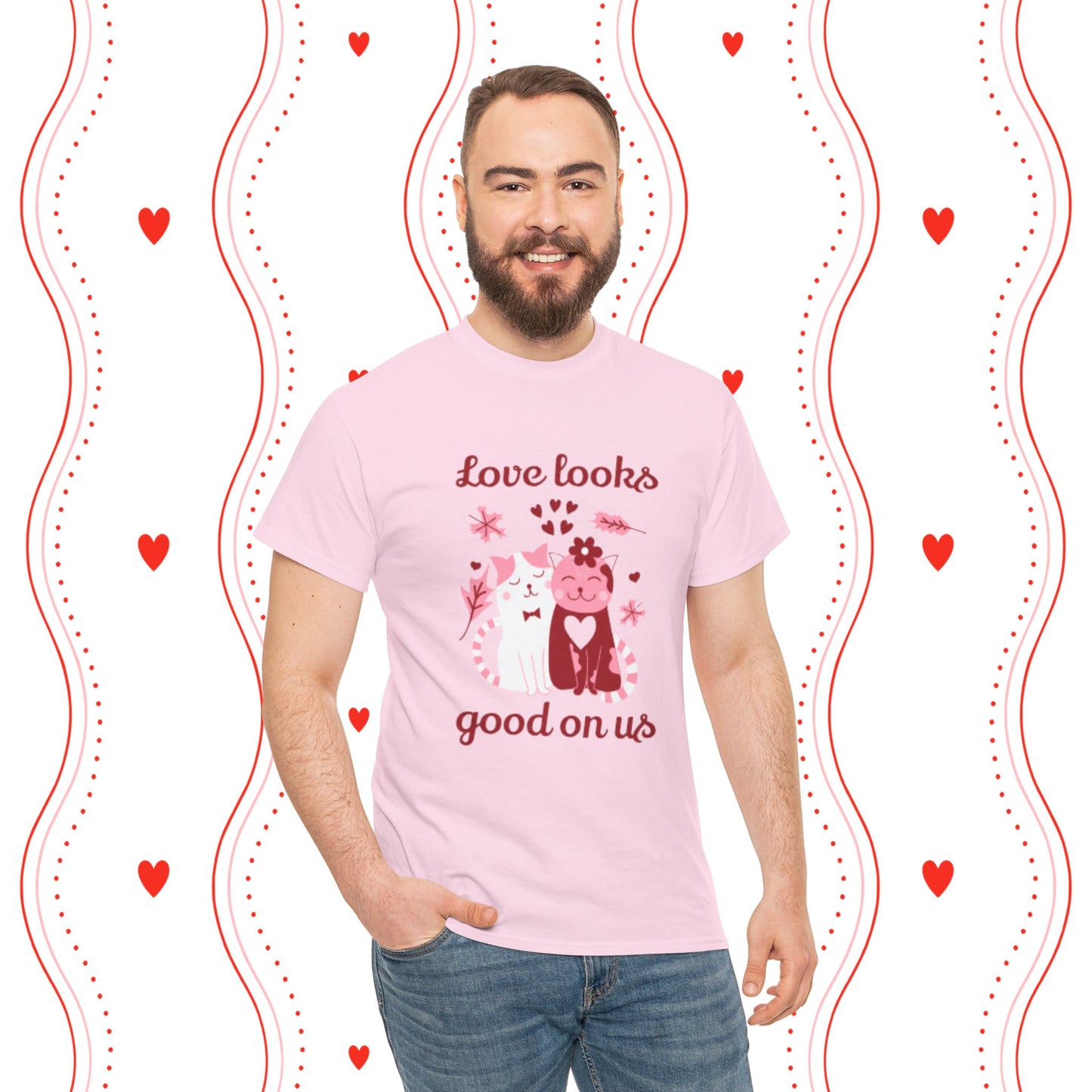 Love Looks Good On Us Tee — Romantic Cat Heart Valentine T-Shirt