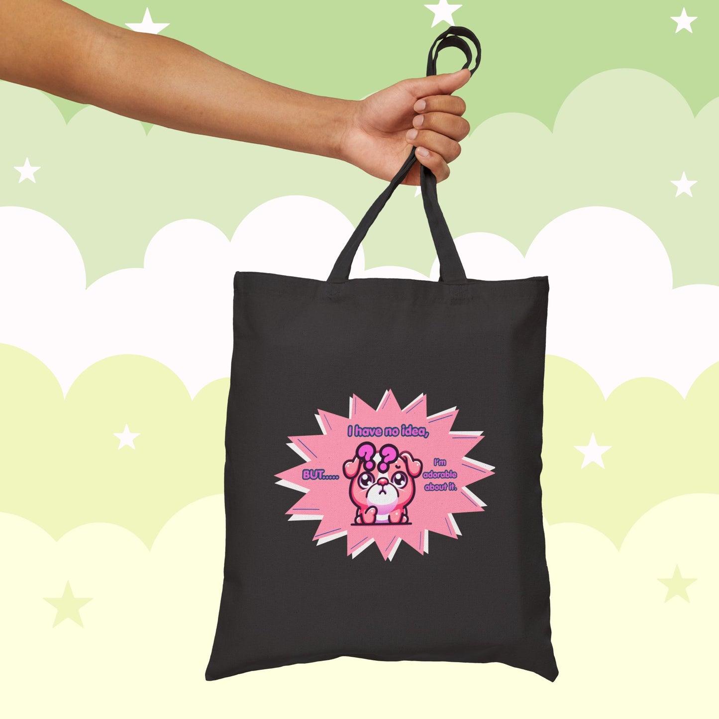 Confused Pink Bulldog Tote Bag — "I have no idea, but... I'm adorable about it."