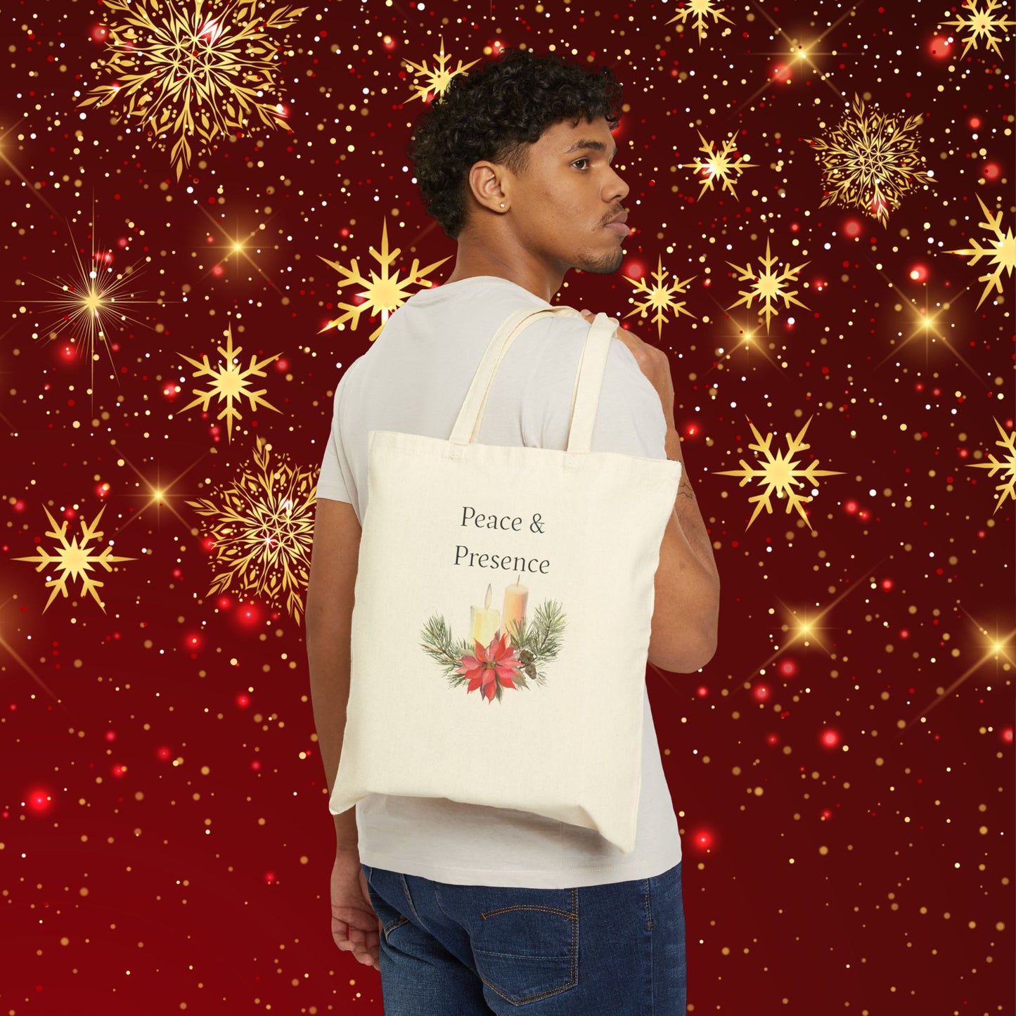 Tote Bag — "Peace & Presence" Holiday Candle Poinsettia Canvas Tote, Cozy Christmas Aesthetic