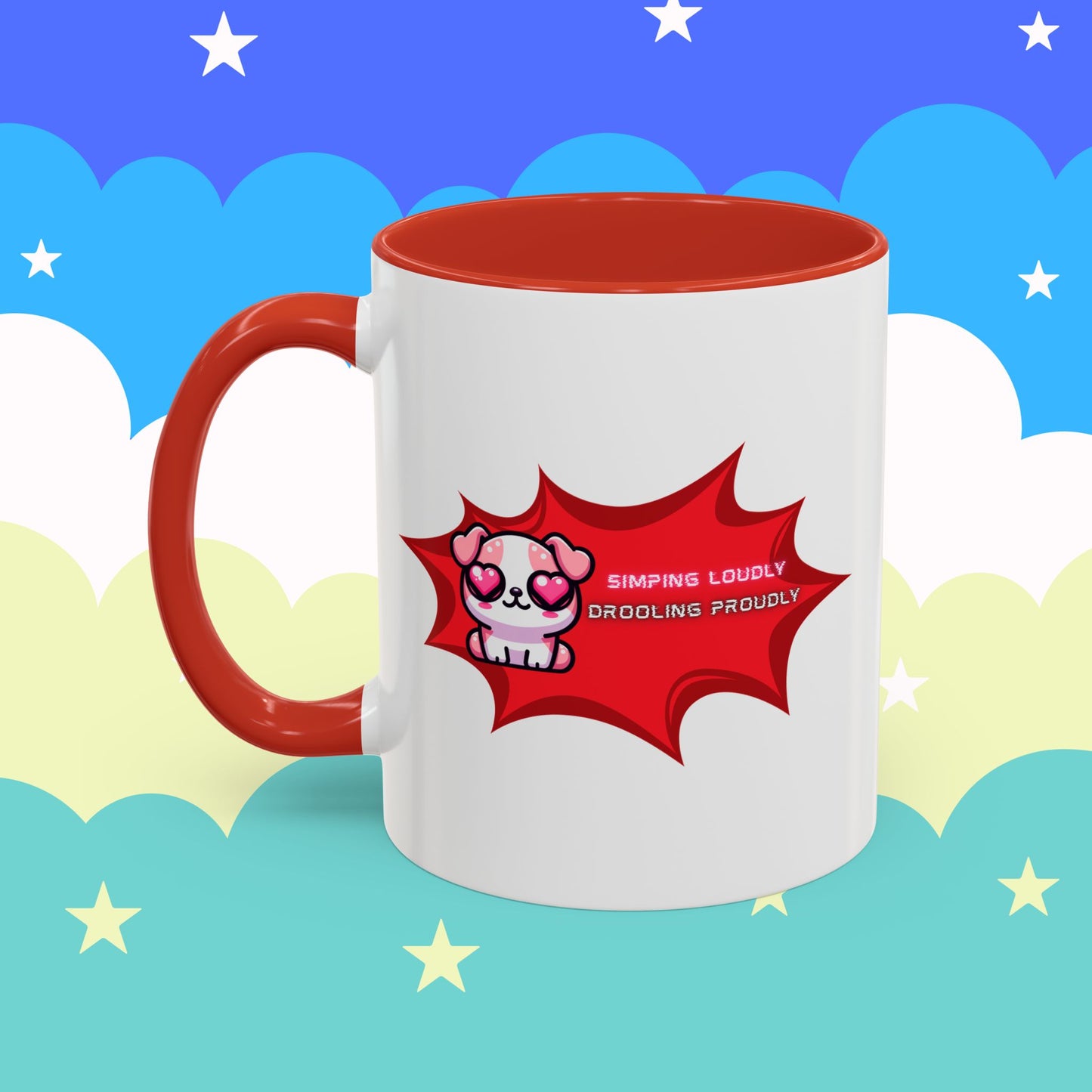 Cute Pink Bulldog Coffee Mug — “Simping Loudly, Drooling Proudly” Kawaii Heart-Eyed