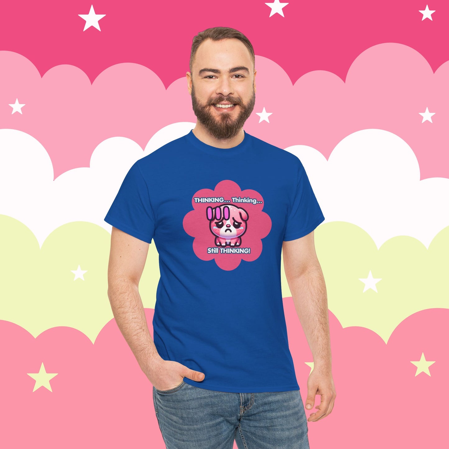 Contemplating Pink Bulldog Emote "Thinking... Still Thinking!" MoodT-Shirt