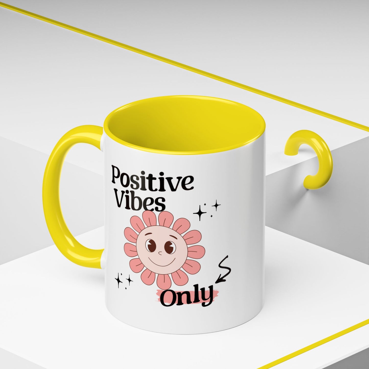 Retro Smiling Pink Flower Accent Coffee Mug — "Positive Vibes Only"