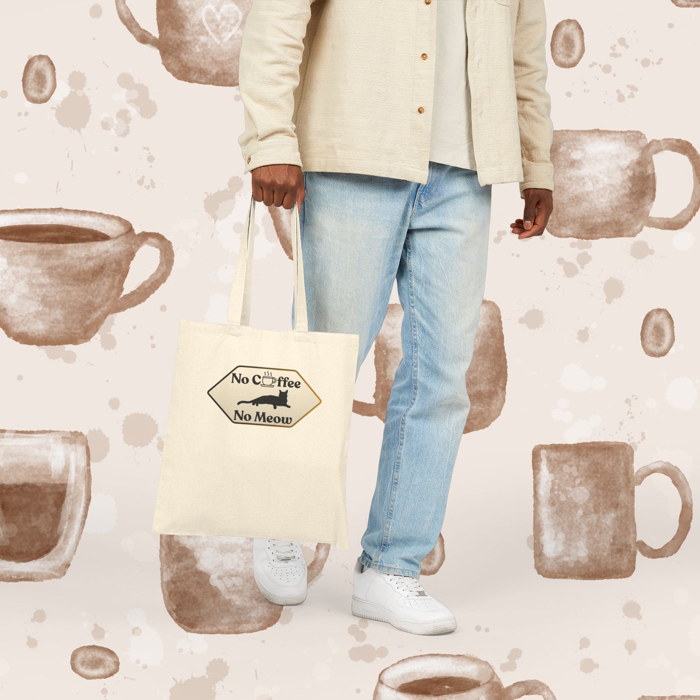 No Coffee No Meow Canvas Tote Bag – Sarcastic Coffee Cat Sign, Funny Cat Lover Coffee Tote