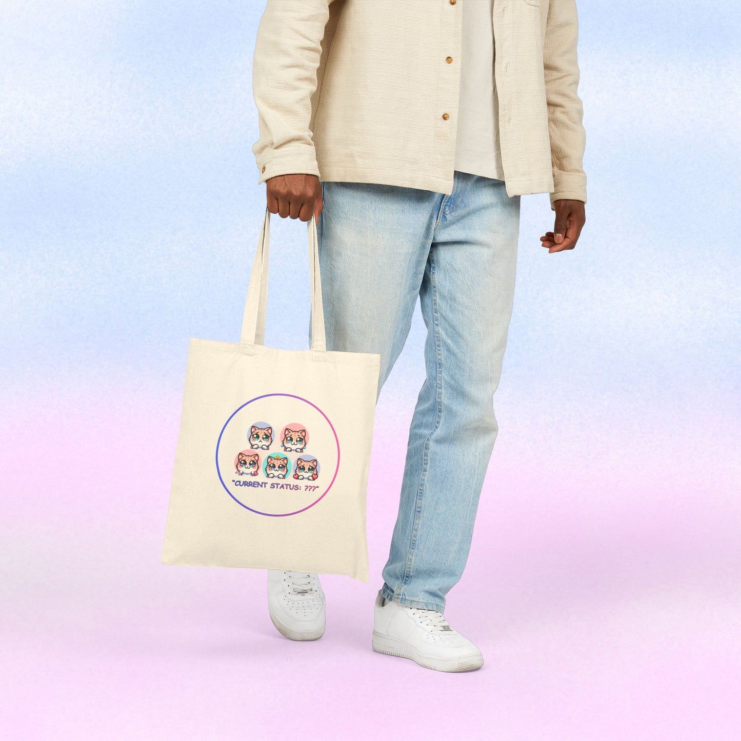 Cat Mood Tote Bag — Cute Kawaii Cat Faces "Current Status: ???" Canvas Tote