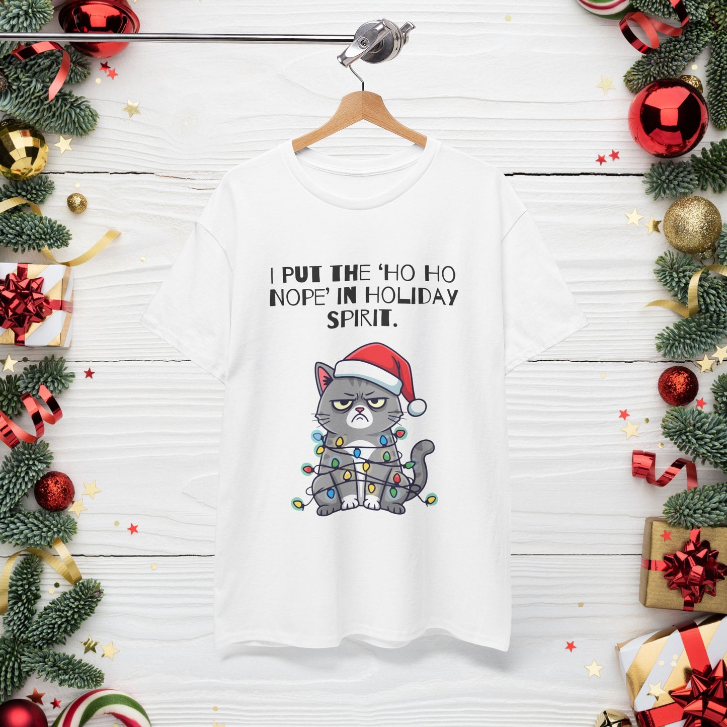 Grumpy Cat Christmas T-Shirt – "I Put the 'Ho Ho Nope' in Holiday Spirit"